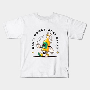 Don't worry, the retro cartoon mascot of a bottle of beer walks casually while carrying a cigarette Kids T-Shirt